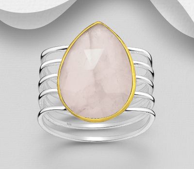 Desire by 7K - 925 Sterling Silver Droplet Solitaire Ring, Decorated with Rose Quartz, Bezel Plated with 0.3 Micron 18K Yellow Gold