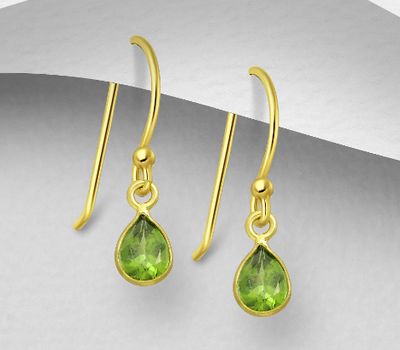 Desire by 7K - 925 Sterling Silver Droplet Hook Earrings, Decorated with Peridot, Plated with 0.5 Micron 18K Yellow Gold