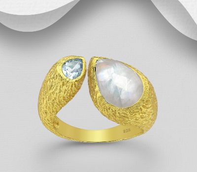 Desire by 7K - 925 Sterling Silver Adjustable Ring, Decorated with Rainbow Moonstone and Sky-Blue Topaz, Plated with 0.3 Micron 18K Yellow Gold