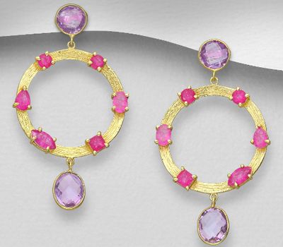 Desire by 7K - 925 Sterling Silver Push-Back Earrings, Decorated with Lab-Created Amethyst and Lab-Created Pink Tourmaline, Plated with 0.3 Micron 18K Yellow Gold