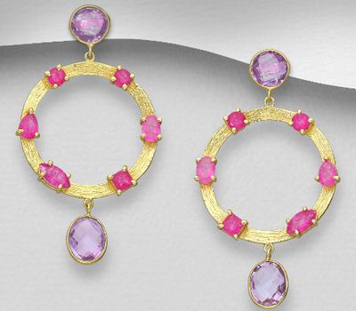 Şəkli böyütmək üçün tiklayın Desire by 7K - 925 Sterling Silver Push-Back Earrings, Decorated with Lab-Created Amethyst and Lab-Created Pink Tourmaline, Plated with 0.3 Micron 18K Yellow Gold