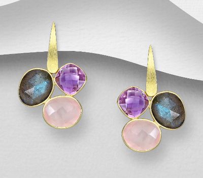 Desire by 7K - 925 Sterling Silver Push-Back Earrings, Decorated with Lab-Created Amethyst, Labradorite and Rose Quartz. Plated with 0.3 Micron 18K Yellow Gold