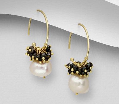 Desire by 7K - 925 Sterling Silver Hook Earrings, Beaded with Pyrite and Freshwater Pearls, Plated with 0.3 Micron 18K Yellow Gold