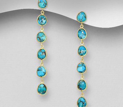 Desire by 7K - 925 Sterling Silver Push-Back Earrings, Decorated with Reconstructed Copper Turquoise, Plated with 0.3 Micron 18K Yellow Gold