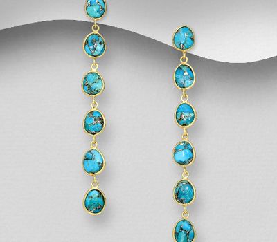 Şəkli böyütmək üçün tiklayın Desire by 7K - 925 Sterling Silver Push-Back Earrings, Decorated with Reconstructed Copper Turquoise, Plated with 0.3 Micron 18K Yellow Gold