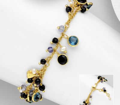 Desire by 7K - 925 Sterling Silver Bracelet, Decorated with Freshwater Pearl, Lab-Created lolite, lolite and Onyx, Plated with 0.3 Micron 18K Yellow Gold