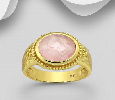 Desire by 7K - 925 Sterling Silver Ring, Decorated with Rose Quartz, Plated with 0.3 Micron 18K Yellow Gold