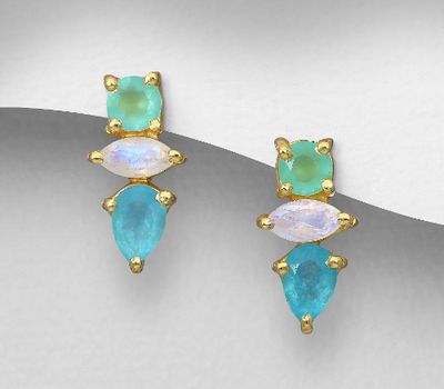 Desire by 7K - 925 Sterling Silver Push-Back Earrings, Decorated with Lab-Created Aqua Chalcedony, Green White Jade and Rainbow Moonstone, Plated with 0.3 Micron 18K Yellow Gold