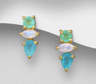 Şəkli böyütmək üçün tiklayın Desire by 7K - 925 Sterling Silver Push-Back Earrings, Decorated with Lab-Created Aqua Chalcedony, Green White Jade and Rainbow Moonstone, Plated with 0.3 Micron 18K Yellow Gold