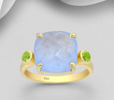 Desire by 7K - 925 Sterling Silver Ring, Decorated with Lab-Created Peridot and Light Chalcedony Jade, Plated with 0.3 Micron 18K Yellow Gold