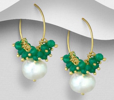 Desire by 7K - 925 Sterling Silver Hoop Earrings, Beaded with Freshwater Pearls and Green Onyx, Plated with 0.3 Micron 18K Yellow Gold