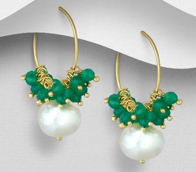 Şəkli böyütmək üçün tiklayın Desire by 7K - 925 Sterling Silver Hoop Earrings, Beaded with Freshwater Pearls and Green Onyx, Plated with 0.3 Micron 18K Yellow Gold