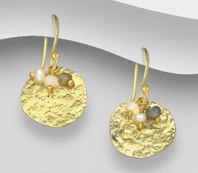 Desire by 7K - 925 Sterling Silver Hook Earrings, Beaded with Freshwater Pearls, Moonstone and Labradorite, Plated with 0.3 Micron 18K Yellow Gold