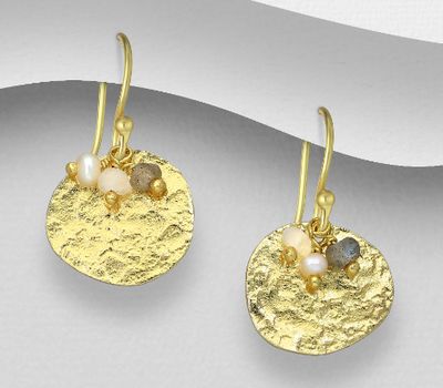 Şəkli böyütmək üçün tiklayın Desire by 7K - 925 Sterling Silver Hook Earrings, Beaded with Freshwater Pearls, Moonstone and Labradorite, Plated with 0.3 Micron 18K Yellow Gold