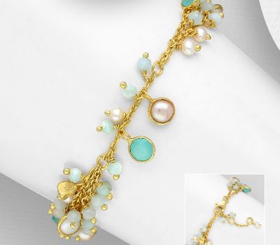 Desire by 7K - 925 Sterling Silver Bracelet, Decorated with Freshwater Pearls, Lab-Created Aqua Chalcedony and Milky Aquamarine. Plated with 0.3 Micron 18K Yellow Gold