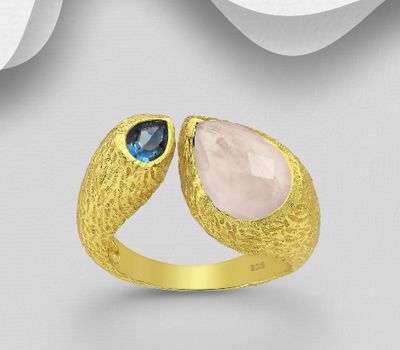 Desire by 7K - 925 Sterling Silver Adjustable Ring, Decorated with Lab-Created lolite and Rose Quartz, Plated with 0.3 Micron 18K Yellow Gold