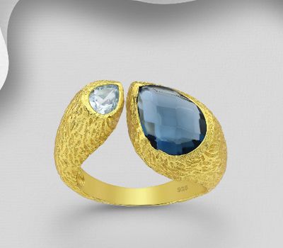 Desire by 7K - 925 Sterling Silver Adjustable Ring, Decorated with Lab-Created lolite and Sky-Blue Topaz, Plated with 0.3 Micron 18K Yellow Gold