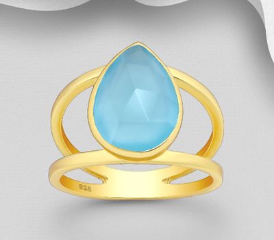 Desire by 7K - 925 Sterling Silver Solitaire Ring, Decorated with Droplet Lab-Created Blue Chalcedony, Plated with 0.3 Micron 18K Yellow Gold