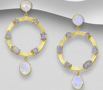 Desire by 7K - 925 Sterling Silver Push-Back Earrings, Decorated with Labradorite and Rainbow Moonstone, Plated with 0.3 Micron 18K Yellow Gold