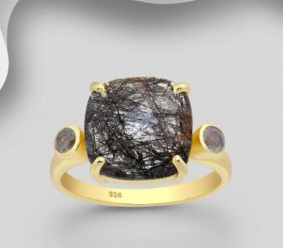 Desire by 7K - 925 Sterling Silver Ring, Decorated with Black Rutilated Quartz and Labradite, Plated with 0.3 Micron 18K Yellow Gold