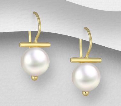 Desire by 7K - 925 Sterling Silver Hook Earrings, Decorated with Freshwater Pearls, Plated with 0.3 Micron 18K Yellow Gold