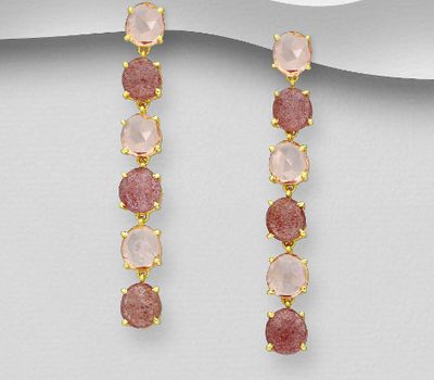 Desire by 7K - 925 Sterling Silver Push-Back Earrings, Decorated with Lab-Created Morganite and Strawberry Quartz, Plated with 0.3 Micron 18K Yellow Gold