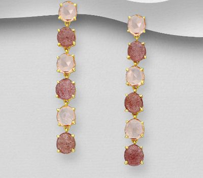Şəkli böyütmək üçün tiklayın Desire by 7K - 925 Sterling Silver Push-Back Earrings, Decorated with Lab-Created Morganite and Strawberry Quartz, Plated with 0.3 Micron 18K Yellow Gold