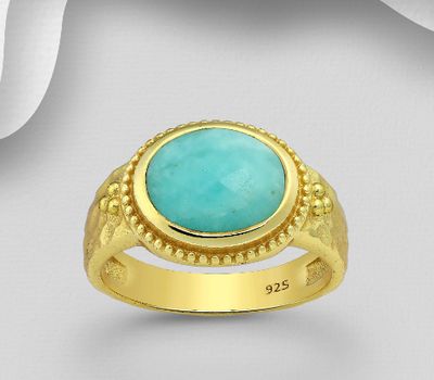 Desire by 7K - 925 Sterling Silver Ring, Decorated with Amazonite, Plated with 0.3 Micron 18K Yellow Gold