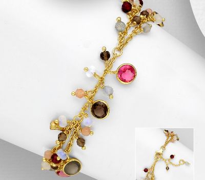 Desire by 7K - 925 Sterling Silver Bracelet, Decorated with Lab-Created Morganite, Lab-Created Pink Tourmaline, Garnet, Grey Moonstone, Labradorite, Peach Moonstone, Rainbow Moonstone and Smoky Quartz. Plated with 0.3 Micron 18K Yellow Gold