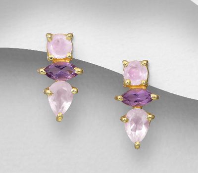 Desire by 7K - 925 Sterling Silver Push-Back Earrings, Decorated with Rose Quartz and Amethyst, Plated with 0.3 Micron 18K Yellow Gold