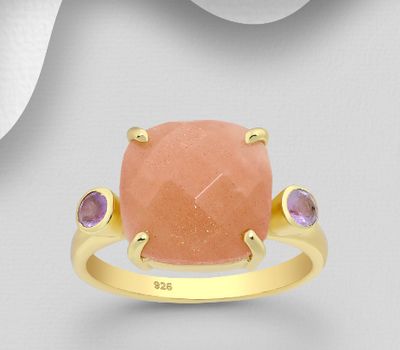 Desire by 7K - 925 Sterling Silver Ring, Decorated with Amethyst, Peach Moonstone, Plated with 0.3 Micron 18K Yellow Gold