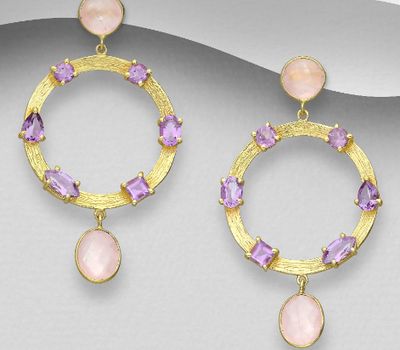 Desire by 7K - 925 Sterling Silver Push-Back Earrings, Decorated with Amethyst and Rose Quartz, Plated with 0.3 Micron 18K Yellow Gold