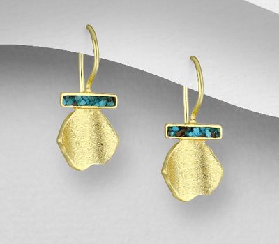 Desire by 7K - 925 Sterling Silver Hook Earrings, Decorated with Reconstructed Copper Turquoise, Plated with 0.3 Micron 18K Yellow Gold