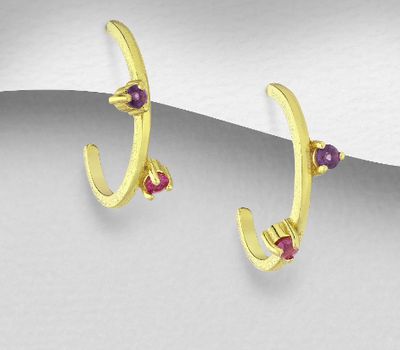 Desire by 7K - 925 Sterling Silver Push-Back Earrings, Decorated with Pink Sapphire and Amethyst
