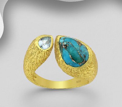 Desire by 7K - 925 Sterling Silver Adjustable Ring, Decorated with Reconstructed Copper Turquoise and Sky-Blue Topaz, Plated with 0.3 Micron 18K Yellow Gold