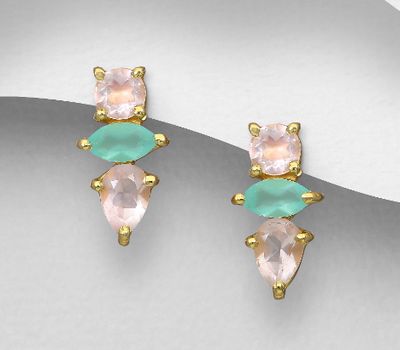 Desire by 7K - 925 Sterling Silver Push-Back Earrings, Decorated with Lab-Created Lab-Created Aqua Chalcedony and Rose Quartz, Plated with 0.3 Micron 18K Yellow Gold