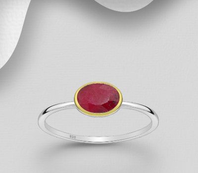 Desire by 7K - 925 Sterling Silver Solitaire Ring, Decorated with Ruby, Bezel Plated with 0.3 Micron 18K Yellow Gold