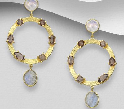 Desire by 7K - 925 Sterling Silver Push-Back Earrings, Decorated Rainbow Moonstone, Labradorite and Smoky Quartz, Plated with 0.3 Micron 18K Yellow Gold