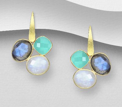 Desire by 7K - 925 Sterling Silver Push-Back Earrings, Decorated with Lab-Created Aqua Chalcedony, Labradorite and Rainbow Moonstone. Plated with 0.3 Micron 18K Yellow Gold