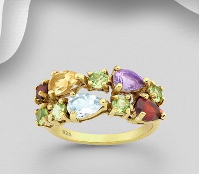 Desire by 7K - 925 Sterling Silver Ring, Decorated with Amethyst, Citrine, Garnet, Peridot and Sky-Blue Topaz. Plated with 0.5 Micron 18K Yellow Gold