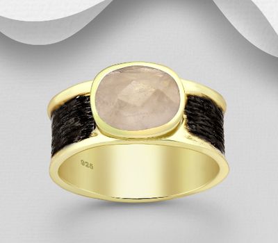 Desire by 7K - 925 Sterling Silver Oxidized Solitaire Ring, Decorated with Rose Quartz, Plated with 0.3 Micron 18K Yellow Gold