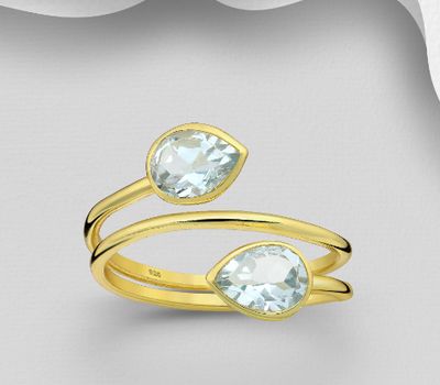 Desire by 7K - 925 Sterling Silver Ring, Decorated with Sky-Blue Topaz, Plated with 0.3 Micron 18K Yellow Gold