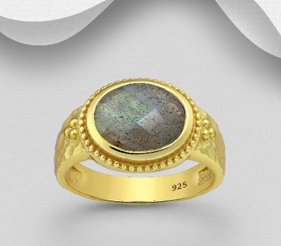 Desire by 7K - 925 Sterling Silver Ring, Decorated with Labradorite, Plated with 0.3 Micron 18K Yellow Gold