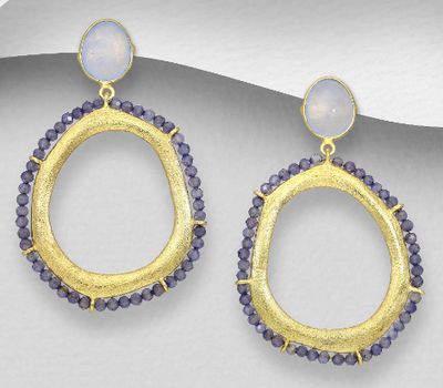 Desire by 7K - 925 Sterling Silver Push-Back Earrings, Decorated with lolite and Light Chalcedony Jade, Plated with 0.3 Micron 18K Yellow Gold