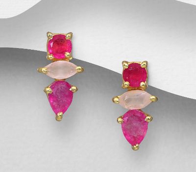 Desire by 7K - 925 Sterling Silver Push-Back Earrings, Decorated with Lab-Created Pink Tourmaline and Rose Quartz, Plated with 0.3 Micron 18K Yellow Gold