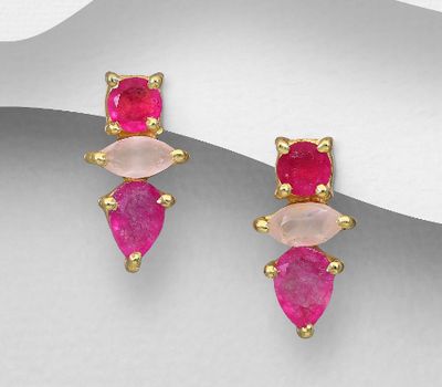 Şəkli böyütmək üçün tiklayın Desire by 7K - 925 Sterling Silver Push-Back Earrings, Decorated with Lab-Created Pink Tourmaline and Rose Quartz, Plated with 0.3 Micron 18K Yellow Gold