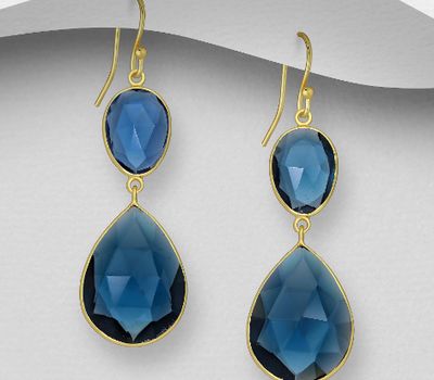 Desire by 7K - 925 Sterling Silver Droplet and Oval Hook Earrings, Decorated with Lab-Created lolite, Plated with 0.3 Micron 18K Yellow Gold