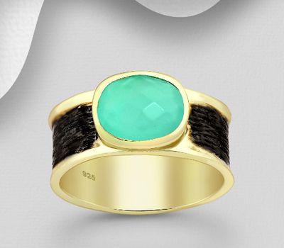 Desire by 7K - 925 Sterling Silver Oxidized Solitaire Ring, Decorated with Lab-Created Aqua Chalcedony, Plated with 0.3 Micron 18K Yellow Gold