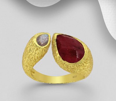 Desire by 7K - 925 Sterling Silver Adjustable Ring, Decorated with Ruby and Labradorite, Plated with 0.3 Micron 18K Yellow Gold