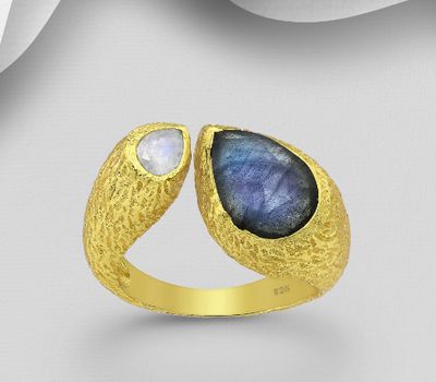 Desire by 7K - 925 Sterling Silver Adjustable Ring, Decorated with Labradorite and Rainbow Moonstone, Plated with 0.3 Micron 18K Yellow Gold